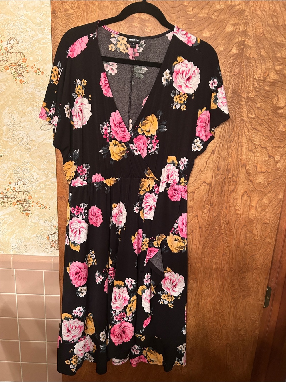 torrid Black Floral Faux-Wrap Dress with Pink & Yellow Roses